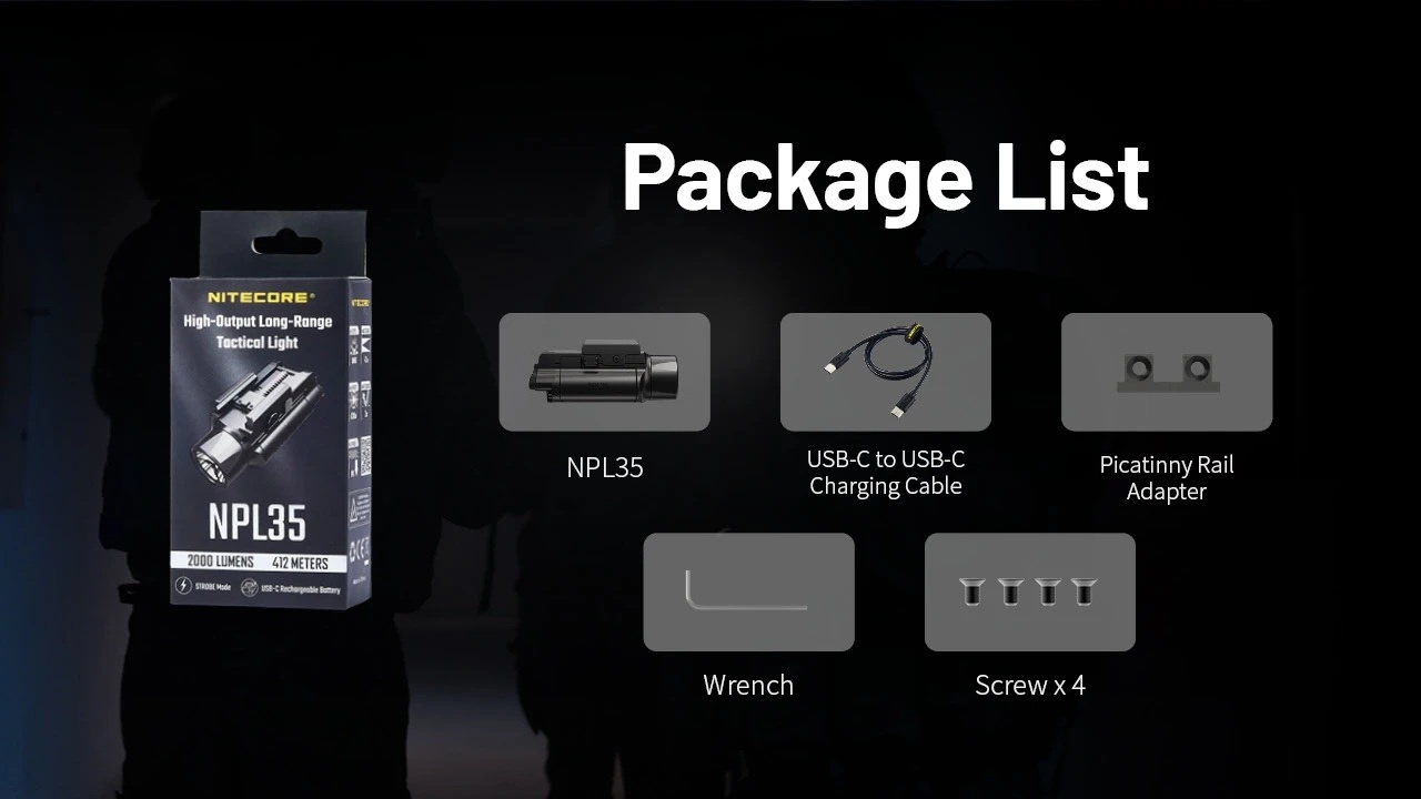 NITECORE NPL35 - kompaktowa latarka taktyczna do broni o maksymalnym strumieniu świetlnym do 2000 lumenów, kompatybilna z szyną Glock oraz Picatinny.Za zasilanie odpowiada szybkowymienny akumulator Li-ion o pojemności 1900 mAh, ładowany poprzez port USB-C, a wbudowany moduł ATR zapewnia automatyczną regulację temperatury obudowy.Urządzenie posiada stopień ochrony IPX6 przed wilgocią i kurzem oraz wytrzymuje upadki z wysokości do 2 metrów. Specyfikacja: Maks. - LifeGun.pl Latarka do broni NITECORE NPL35-13