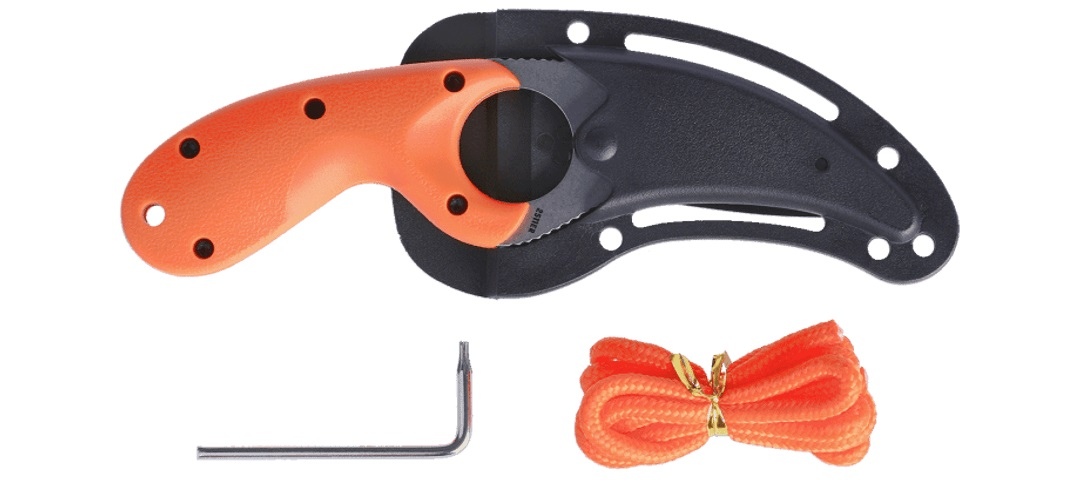Nóż CRKT 2511ER Bear Claw™ Fixed ORANGE Jest to świetny nóż (ostrze pokryte ząbkami Veff Serration™) do przecinania sieci, pasów i linek, zwłaszcza gdy zależy od tego ludzkie życie. To kompaktowy nóż ze stałym ostrzem i tępą końcówką, która zapobiega penetracji punktowej i czyni go bezpieczniejszym do noszenia – szczególnie w pobliżu tratw i pontonów. - LifeGun.pl Nóż CRKT 2511ER Bear Claw™ Fixed ORANGE-3