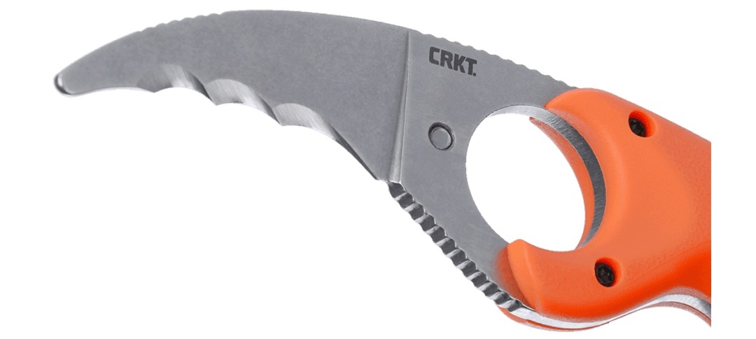 Nóż CRKT 2511ER Bear Claw™ Fixed ORANGE Jest to świetny nóż (ostrze pokryte ząbkami Veff Serration™) do przecinania sieci, pasów i linek, zwłaszcza gdy zależy od tego ludzkie życie. To kompaktowy nóż ze stałym ostrzem i tępą końcówką, która zapobiega penetracji punktowej i czyni go bezpieczniejszym do noszenia – szczególnie w pobliżu tratw i pontonów. - LifeGun.pl Nóż CRKT 2511ER Bear Claw™ Fixed ORANGE-4