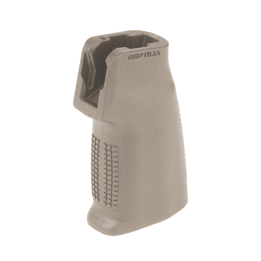 Chwyt pistoletowy CQG‑NB jest montowany w standardowym gnieździe karabinka AR. Konstrukcja całkowicie pozbawiona osłony dłoni, co umożliwia wyższe ułożenie dłoni względem osi broni. Kąt nachylenia 13° oraz teksturowane powierzchnie zwiększają kontrolę nad bronią. Korpus chwytu wykonano z wytrzymałego nylonu wzmacnianego włóknem szklanym. Element jest kompatybilny z karabinkami AR15, AR10, SR25, FN SCAR oraz MCX. Zamocowanie - LifeGun.pl Reptilia - Chwyt pistoletowy CQG-NB - Bez osłony dłoni - FDE - 100-179-1