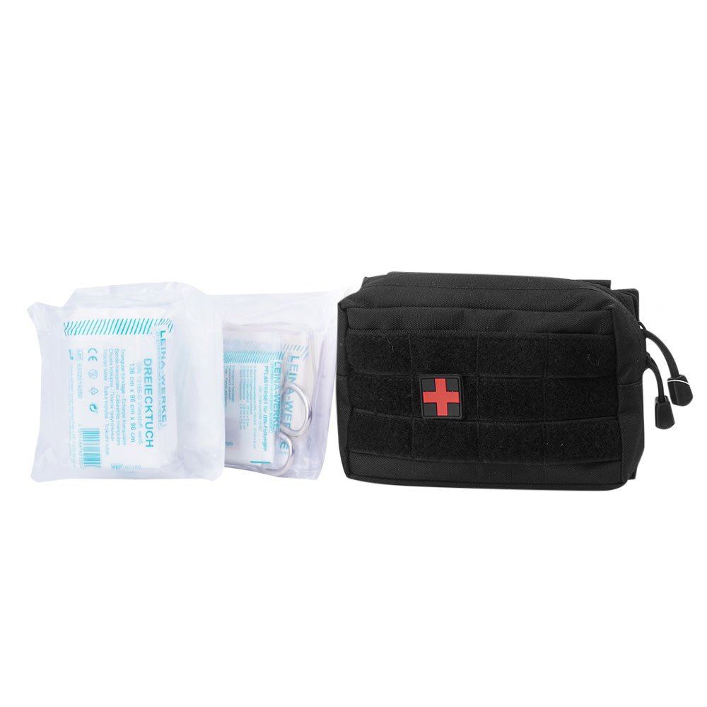 Apteczka MOLLE 25-piece First Aid Set z wyprodukowaną przez firmę Leina-Werke GmbH zawartością. Całość zamknięta jest w pokrowcu Belt Pouch Small w kolorze zielonym OD. Pokrowiec wykonany został z poliestru Oxford od wewnątrz pokrytego warstwą PVC. Zamykany jest krytym, dwukierunkowym zamkiem błyskawicznym. W środku posiada dodatkowy elastyczny przedział na drobne akcesoria oraz metalowy otwór odpływowy, - LifeGun.pl Mil-Tec - Apteczka z wyposażeniem mała - 25-piece First Aid Set - Czarna - 16025302-1