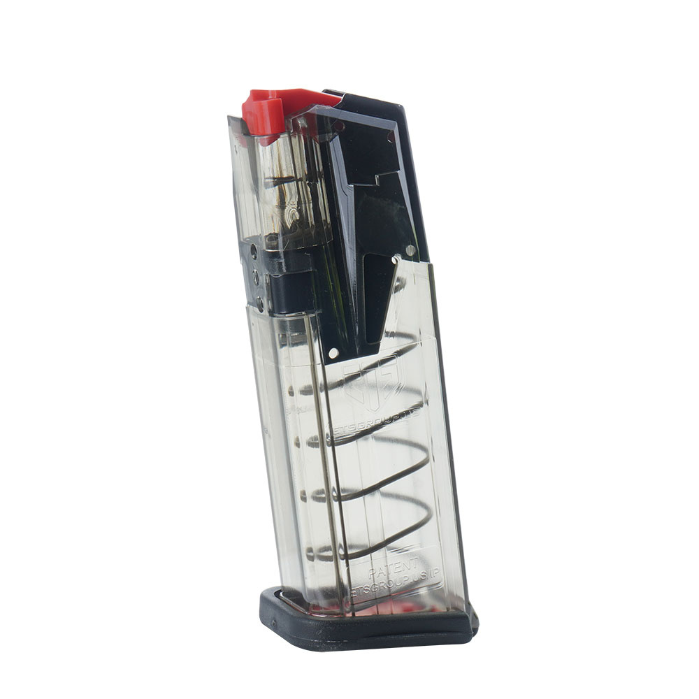 Magazynek przeznaczony do pistoletów Glock 19/26/49 kalibru 9x19 mm o pojemności 15 naboi od firmy ETS. Polimerowo-stalowa konstrukcja stanowi kompromis między ciężarem a wytrzymałością, a przezroczyste ścianki umożliwiają szybkie sprawdzenie ilości pozostałej amunicji. Stopka magazynka jest łatwo demontowana, co ułatwia czyszczenie i konserwację. Dodatkowo, jej ergonomiczny kształt ułatwia dobywanie magazynka z ładownicy. Szczęki magazynka, stanowiące - LifeGun.pl ETS - Magazynek Omega Series do Glock 19/26/49 - 9x19 mm - 15 naboi - Przezroczysty - OMG-GLK-19-1