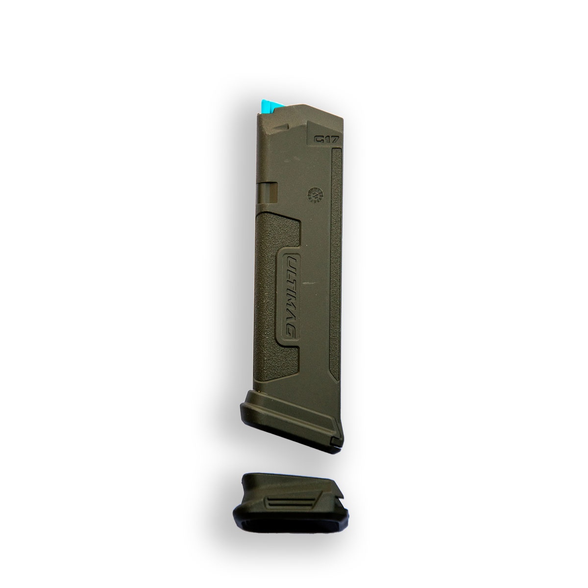 Magazynek FAB Ultimag G17 OD Green Wykonany z wzmocnionego polimeru magazynek kompatybilny z pistoletami Glock 17, 45, 19x. Magazynek posiada niebieski donośnik, dodatkową poszerzoną stopkę magazynka oraz okienka na ściance magazynka dzięki którym możemy sprawdzić ilość nabojów w magazynku. Pojemność magazynka: 18 naboi 9x19mm Parabellum - LifeGun.pl Magazynek FAB Ultimag G17 OD Green-1