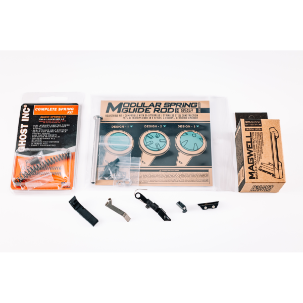 Zestaw do Glock Gen3 17/22/31/34: Stage 1a+ - zatrzask zamka, magazynka, przerywacz 2kg, stalowa żerdź sprężyny powrotnej, Ghost Complete Spring, stalowe trytowe przyrządy Glock GMS oraz lejek/MagWell 98 Glock Gen3 17 22 31 34 Stage 1a+