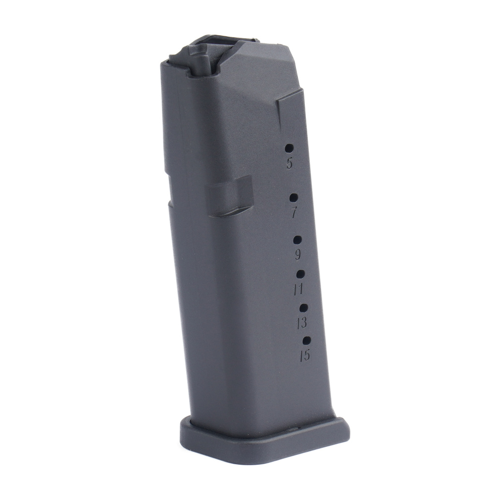 Dwurzędowy magazynek do pistoletu Glock 19 w kalibrze 9x19 mm Luger/Parabellum od firmy DLG Tactical. Magazynek może pomieścić 15 naboi i posiada okienka z lewej oraz prawej strony korpusu. Z lewej pokazuje liczby nieparzyste od 5 do 15, a od prawej od 4 do 14. Wewnątrz polimerowej konstrukcji znajduje się stalowa sprężyna rozłożona na całej - LifeGun.pl DLG Tactical - Magazynek do pistoletu Glock 19 - 15 naboi - Czarny - DLG-023-1